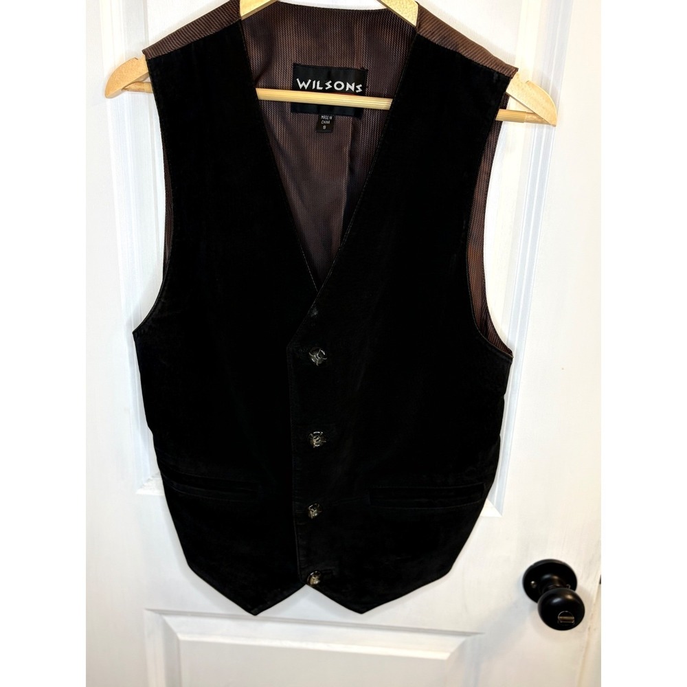 Wilsons Leather Suede Vest‎ Mens Small Black Brown Back Cinch Waistcoat V-Neck